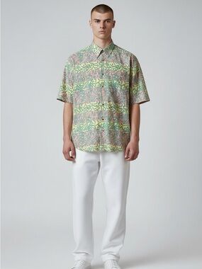 Vintage Bugle Boy Graphic Pastel Print Button Down Cotton Jams Shirt EUC M